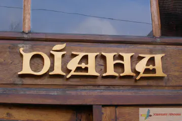Вивіска кафе Діана. Металеві букви з фарбовкою під червоне золото.